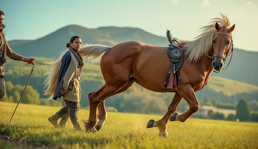 give me a picture of the horse leaping forward walking next to a man