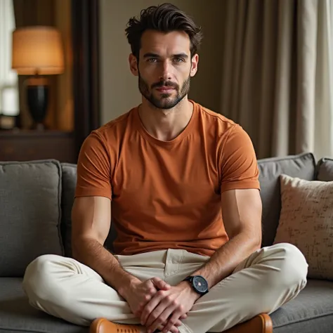 An ultra-HD hyper-realistic full-body studio photograph of a male model wearing a stylish, well-fitting terracotta, unprinted Egyptian cotton t-shirt with a fitted crew neck and tailored light trousers. The model is in a luxurious room sitting cross-legged...