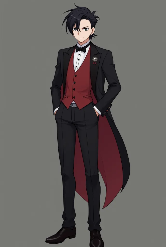 An elegant young Pokémon trainer style man standing in front of a dull gray background, exuding a sophisticated charm with his matching tuxedo, elegantly dressed in a tailored black suit with a red vest decorated with striking and delicate bow ties, shows ...