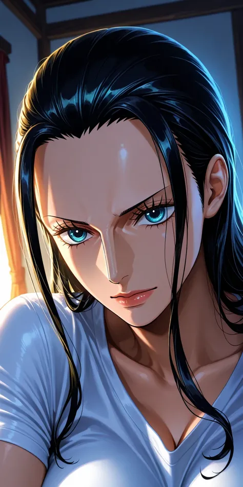 masterpiece, high score, great score, absurdres, close-up, beautiful woman, Nico Robin, one piece, black hair, long hair, hair slicked back, beautiful blue eyes, tight t-shirt, bedroom background light, vivid colors, volumetric lighting, soft lighting, fro...