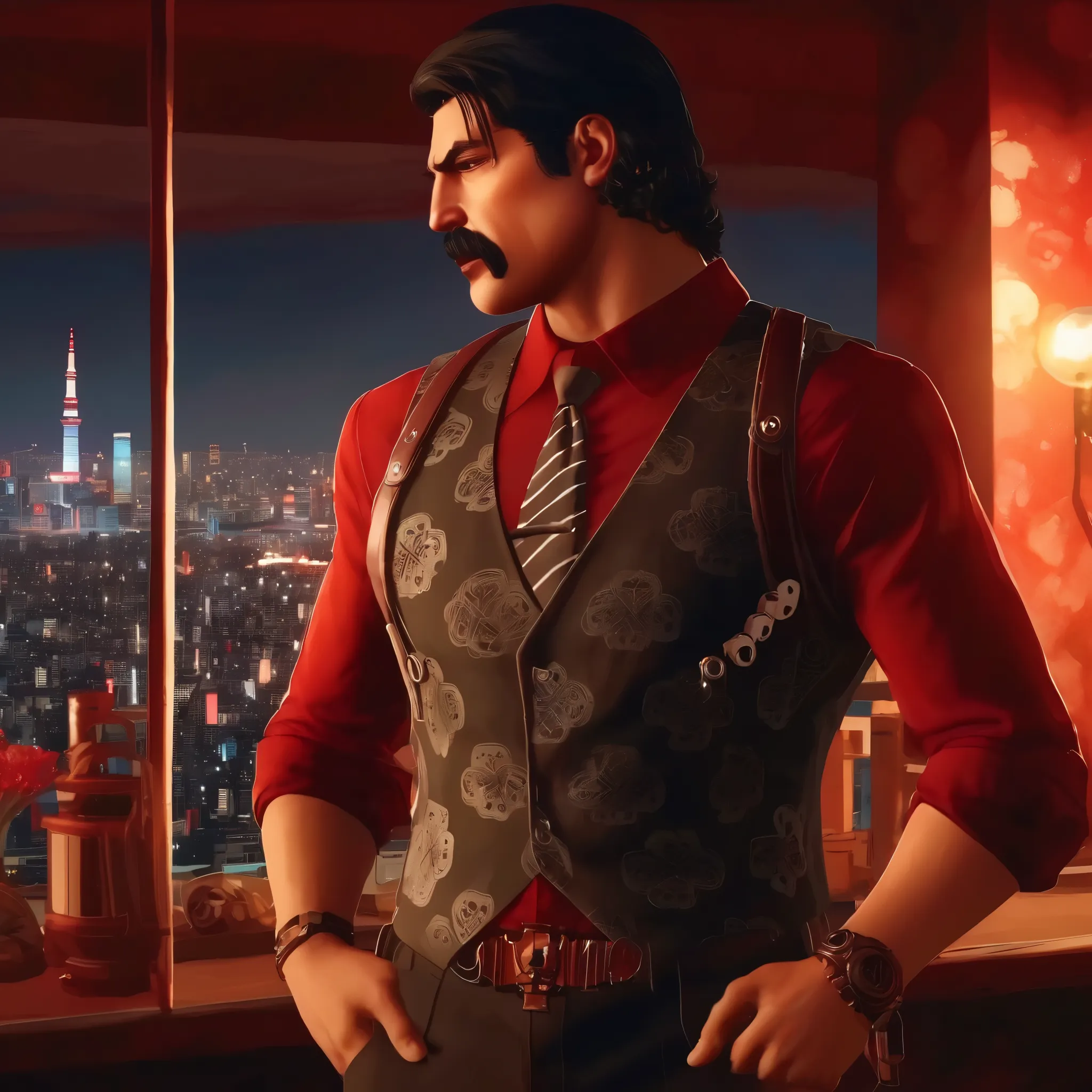 score_9, score_8_up, score_7_up, 1 boy, penthouse with views of Tokyo, (((indoor, night))), bodyguard, standing, the Nahualli , Serious, dangerous man, elegant, elegante, He's a gangster, black vest, red shirt, ((( realistic ,  Detailed , photo realistic )...