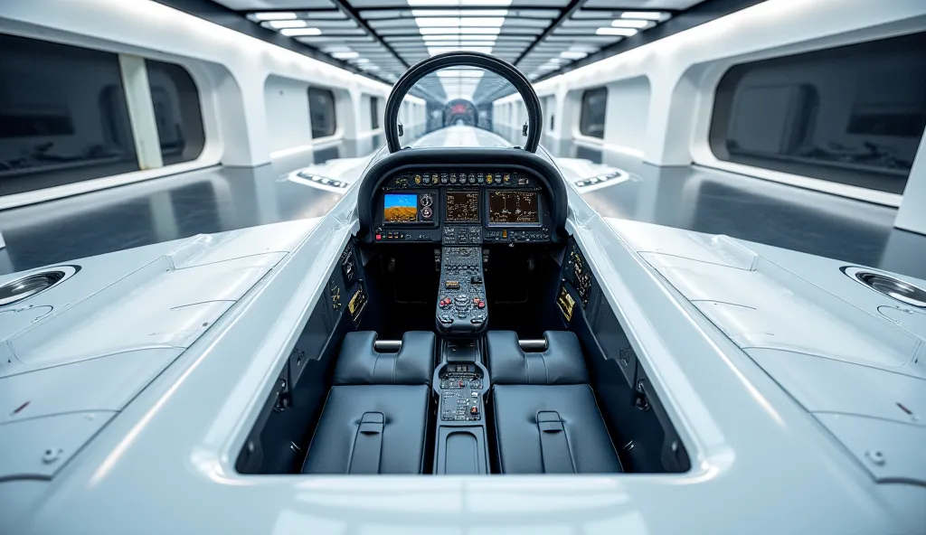 A high-definition interior view of a Saab JAS 39 Gripen fighter jet cockpit in a stunning, shining white color. The cockpit is displayed in a modern, well-lit showroom with bright lights reflecting off its sleek surfaces. The interior features state-of-the...