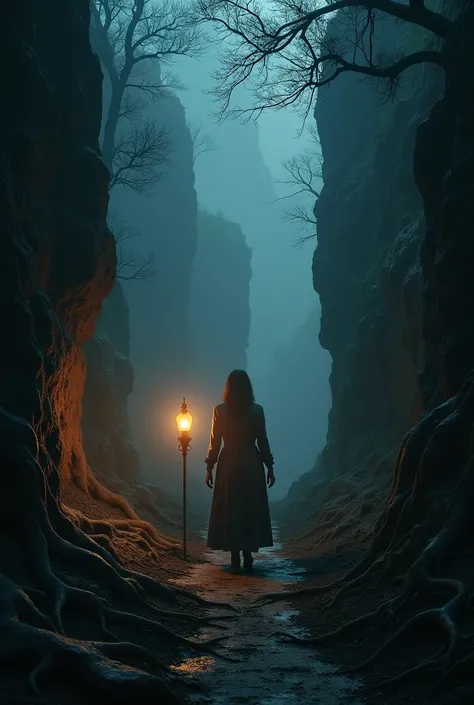 Woman walking through a dark valley, lighting his way with an old lamp