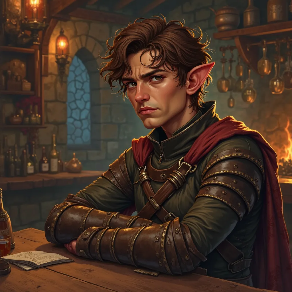 Fantasy art illustration of a halfling male, sitting indoors in a village tavern at night. He is in his twenties, and is very short and slim. He has brown hair, and is dressed in roguish leather armor. He has a sour look on his face.