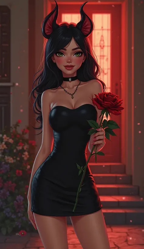 The Red Bat , com asa, 3d illustration, Alone,  Perspective ,  medium breasted,  bare shoulders ,  smile,  totally blushed , nervous, looking at the spectator, holding a rose, green eyes, black choker,  Seductive look,  strapless ,  short black dress ,  bl...