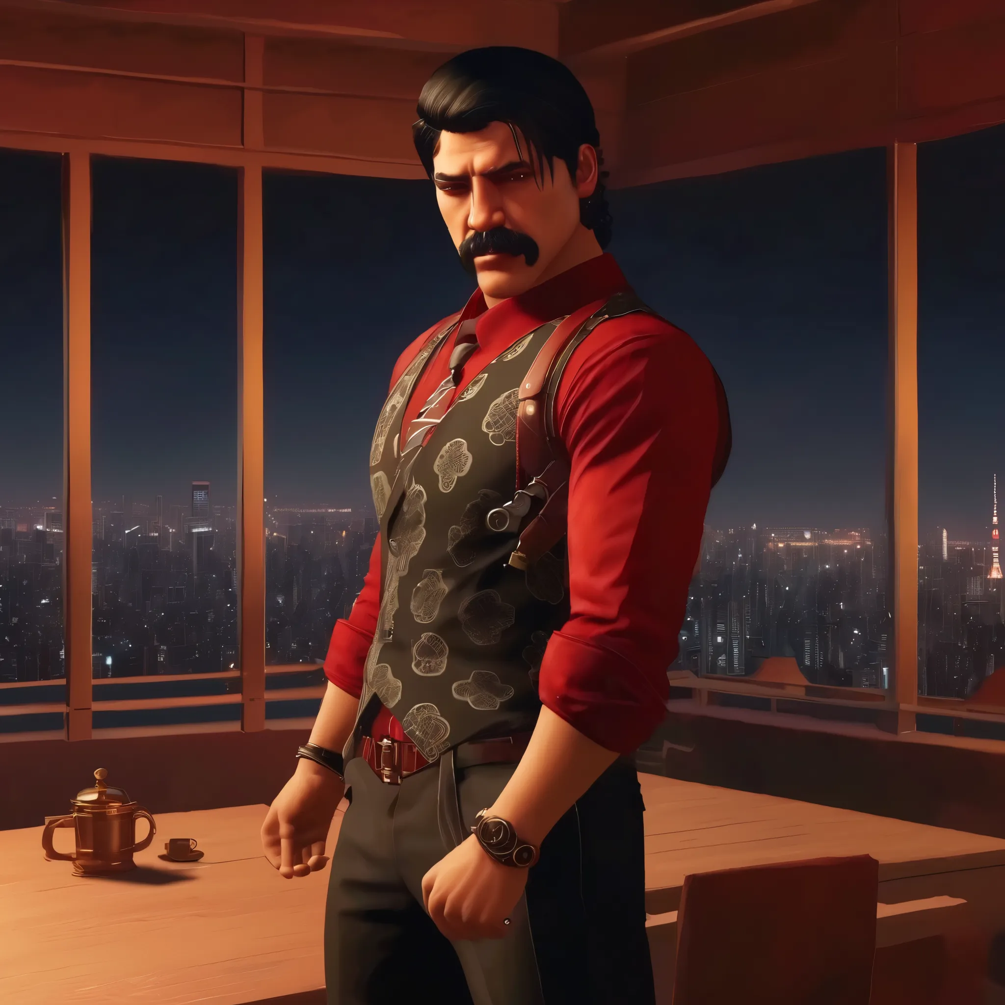 score_9, score_8_up, score_7_up, 1 boy, penthouse with views of Tokyo, (((indoor, night))), bodyguard, standing, the Nahualli , Serious, dangerous man, elegant, elegante, He's a gangster, black vest, red shirt, ((( realistic ,  Detailed , photo realistic )...