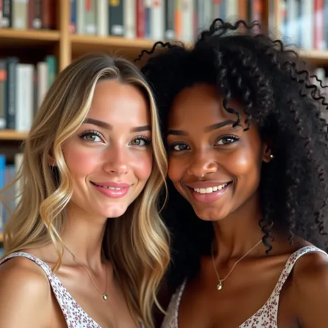 "Two gorgeous young women taking a selfie together in a library. The first has a slender body, } with wide hips and a thin waist. Her fair skin has a soft golden hue, and her wavy blond hair falls softly over her shoulders. The second has a unique beauty, ...