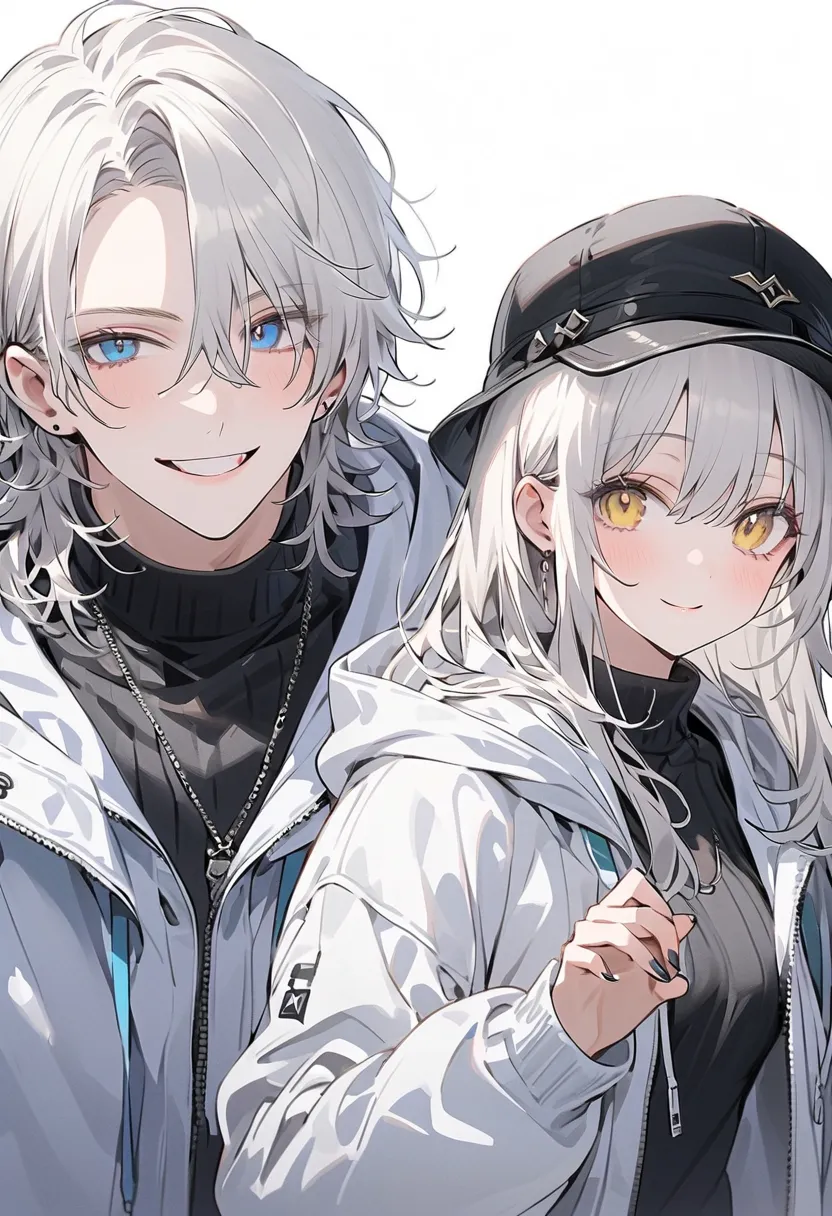 young man and woman giving high fives、 黒いhoodie、black hat、1 beautiful man in a black high neck knit,  manly, {  white skin}, ((grey slightly long messy hair )), expressive  ,(( blue eyes)). (( stylish,   simple clothes , hoodie)), simple background,  half ...