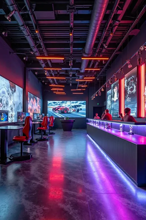 elements of the “Pit Stop Experience” activation for the National Bank at Lollapalooza. The image shows a themed space with:
• A lounge decorated with decoration inspired by a racing pit stop, with carbon and neon details.
• Interactive zones, as a gaming ...