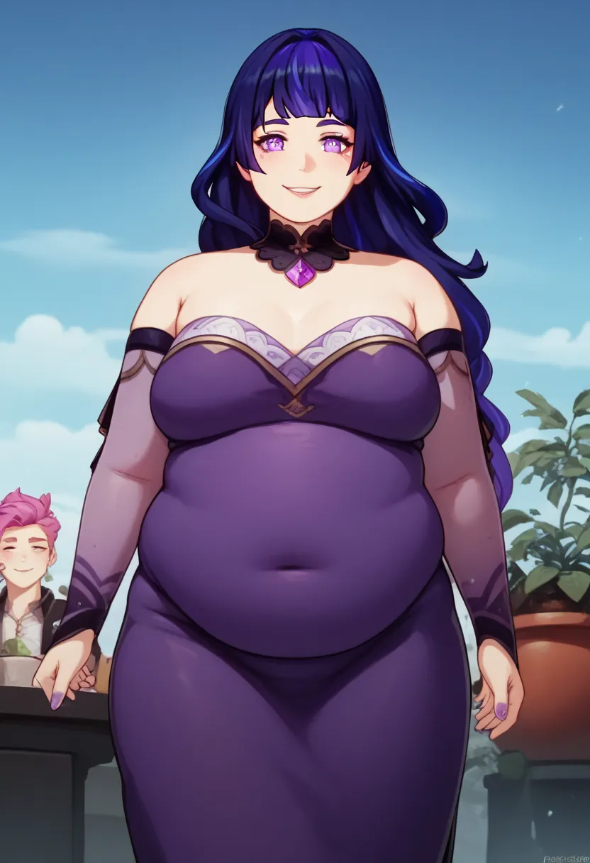 art by kipteitei, Raiden, gentle smiling face, fair skin, long purple hair, purple party dress, chubby body, pot belly, fat fupa, thin face, intimate, cartoon, hands behind body, no extra details, no extra fingers, 1girl, 25-years-old