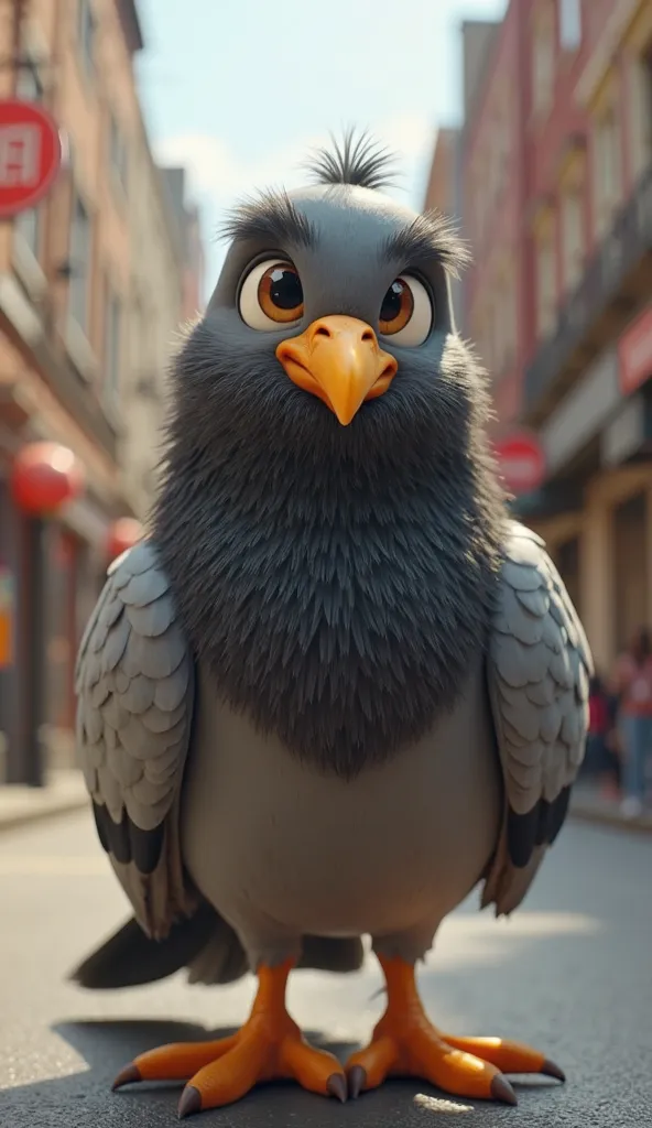 LeBron James in a pigeon body including a beard, expressive cartoon-like eyes, and detailed feathers. The lighting is cinematic, and the background is an urban street scene. DreamWorks-style character design.