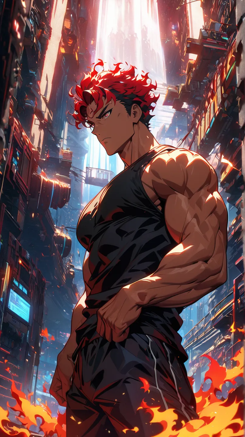 A muscular handsome man with red hair and a black tank top at the gym in anime style
