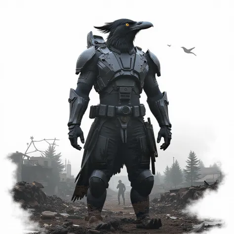 double exposure style,prospect: Anthropomorphic crow soldier donned in black modern combat armor. silhouette:ruined battlefield landscape,Silhouette intensity strong, Double exposure 