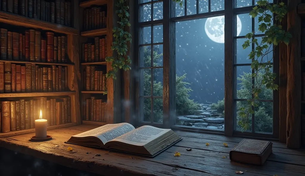 "A tranquil moonlit landscape with a cozy wooden reading nook near an open window. Soft candlelight flickers, casting a golden glow onto an ancient philosophical manuscript resting on a rustic wooden table. A large bookshelf filled with classic philosophic...