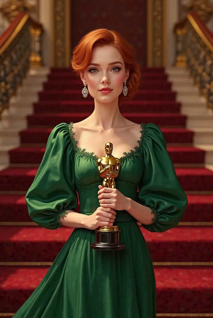 Redheaded woman red carpet staircase long dress emerald green with puffy sleeves elegant feminine hair tied low bun small diamond earrings holding an Oscar in her hands 