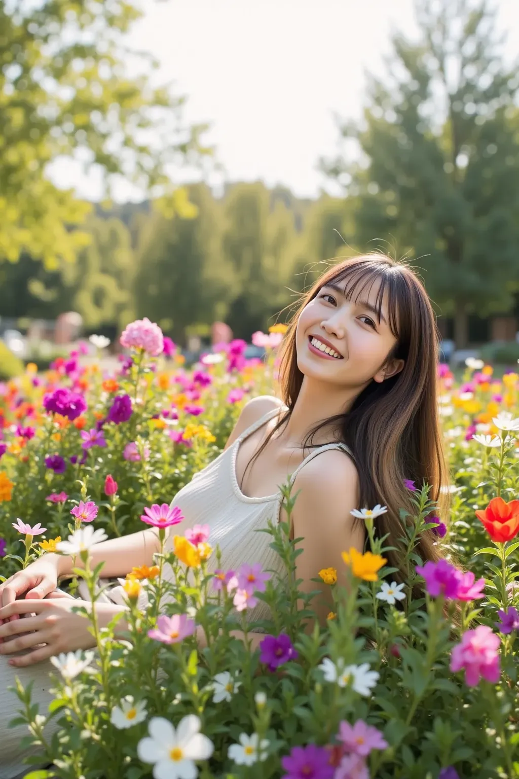 「A woman lying on her back in a beautiful park, surrounded by colorful flowers. She is smiling joyfully, with the flowers framing her face and the bright, clear sky overhead. The scene captures a peaceful, serene atmosphere with sunlight filtering through ...