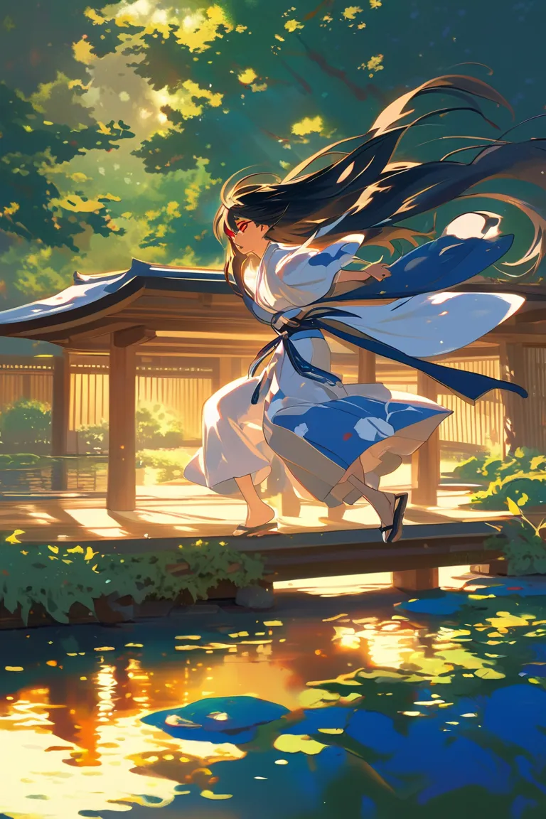 swordsman, blue and white kimono, long black hair, red eyes