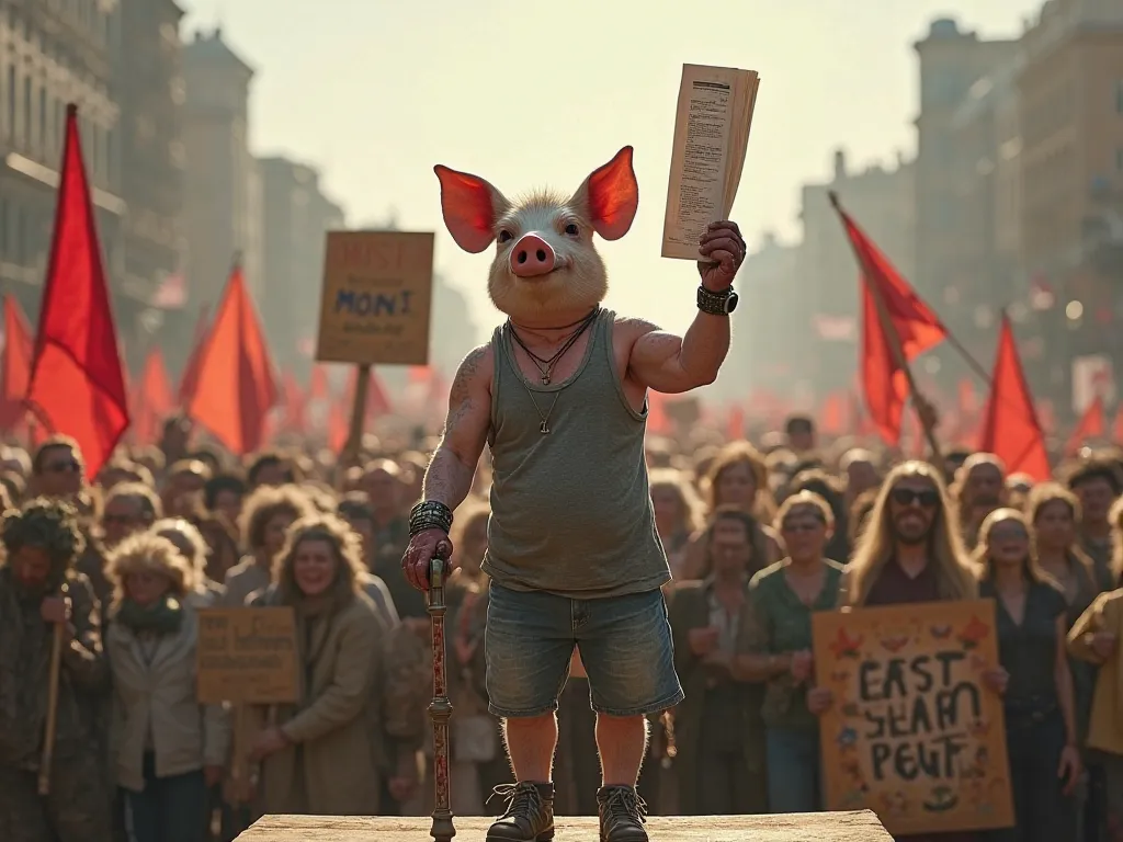 everything is a doll,"An elderly pig wearing a tank top, standing on a podium, holding up a protest document with one hand while using a cane for support with the other. Its arms are covered with multiple wristwatches. The pig looks determined but frail, s...