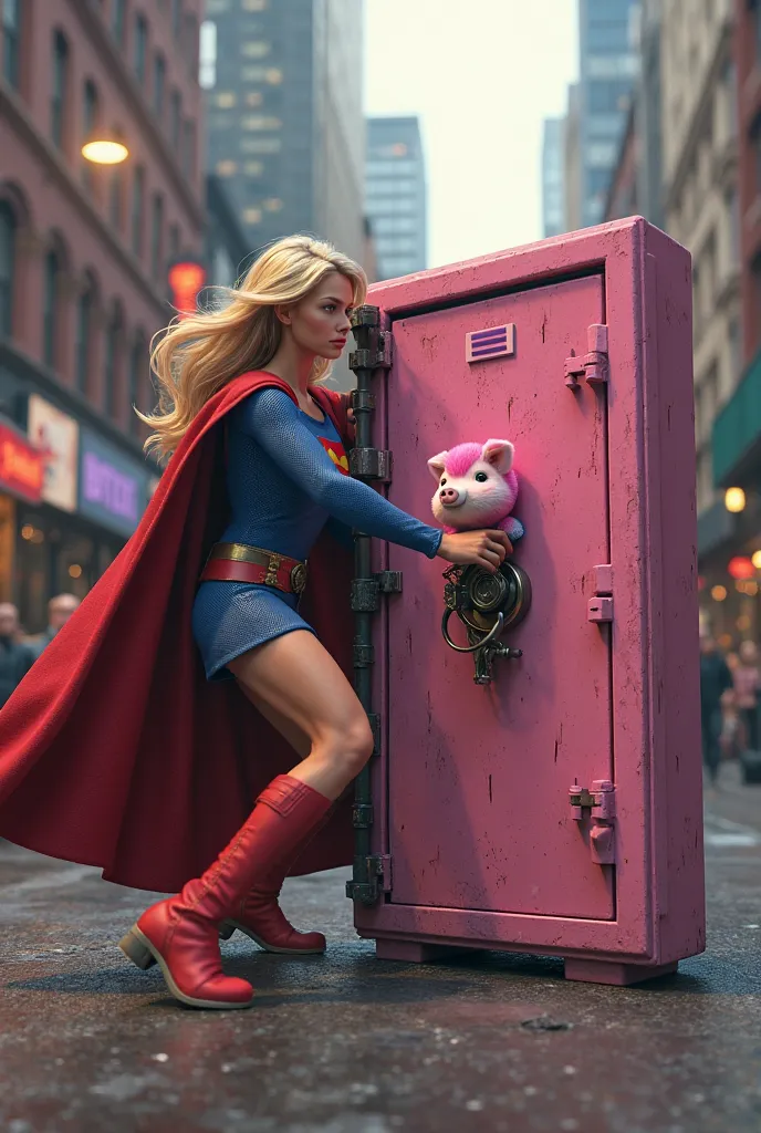 Supergirl trying to break the super realistic pink piglet safe in the city
