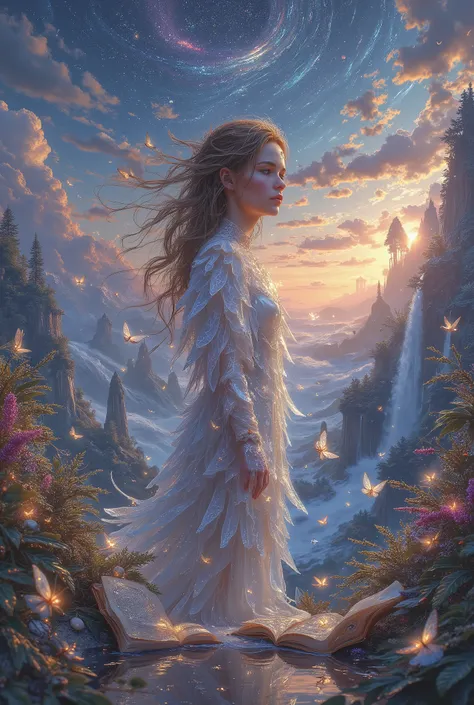 Create a highly detailed, surreal, and dreamlike masterpiece that evokes a sense of awe and wonder. The focal point of the artwork is a strikingly beautiful woman with an ethereal presence, her features delicate yet otherworldly. She is adorned in flowing,...