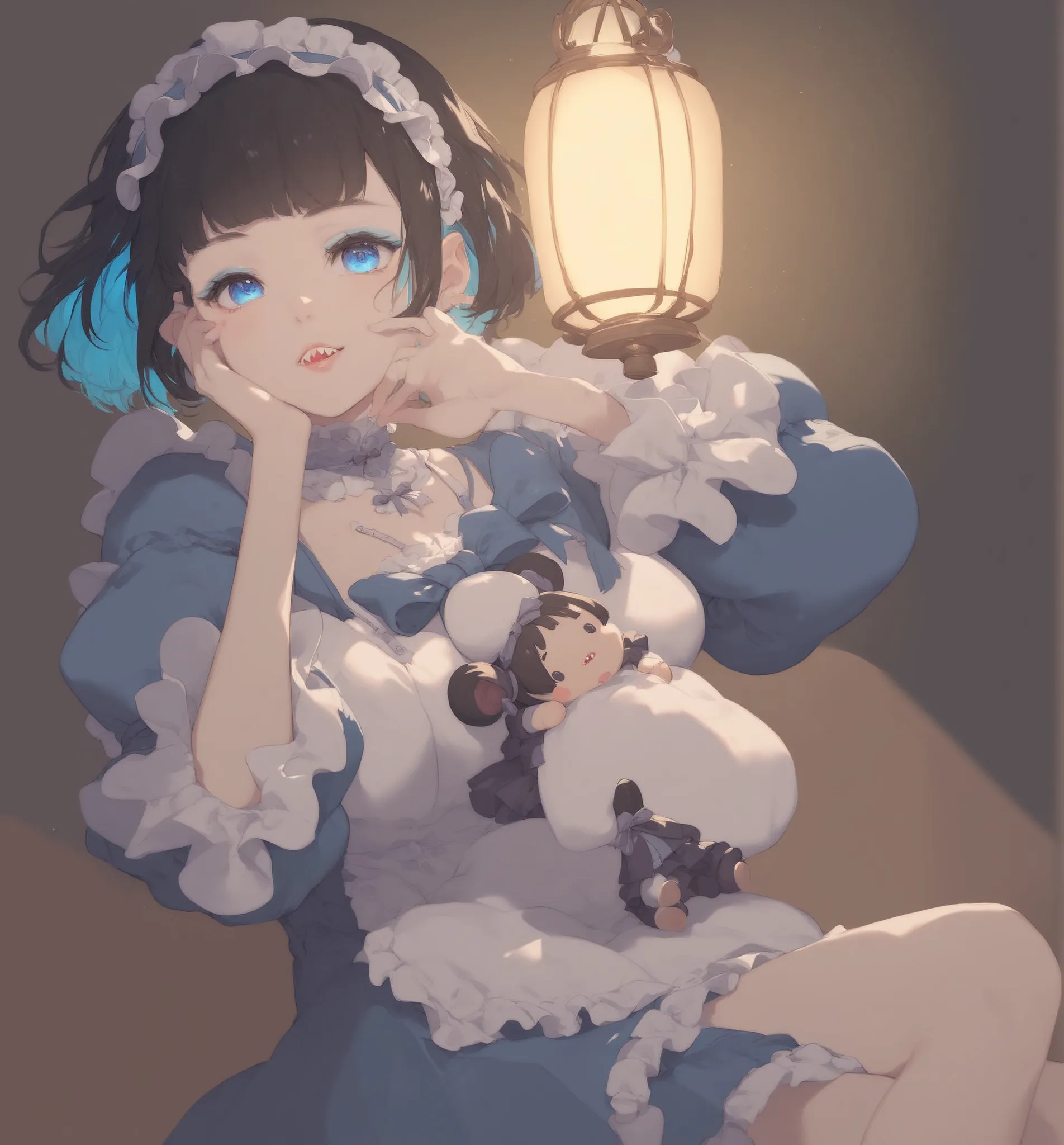 anime coloring BREAK source_anime,  details, masterpiece, 
indoors,  night ,
 ,blue eyes, makeup, blue eyeshadow, pale skin, doll joint, sharp teeth,
short hair,   black hair,  Lantern,Colored inner hair, shiny hair, 
frilled hair band, hair band,  dress, ...