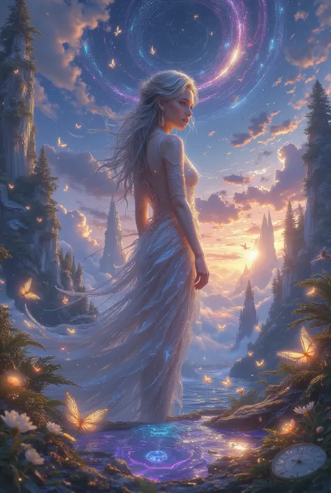 Create a highly detailed, surreal, and dreamlike masterpiece that evokes a sense of awe and wonder. The focal point of the artwork is a strikingly beautiful woman with an ethereal presence, her features delicate yet otherworldly. She is adorned in flowing,...