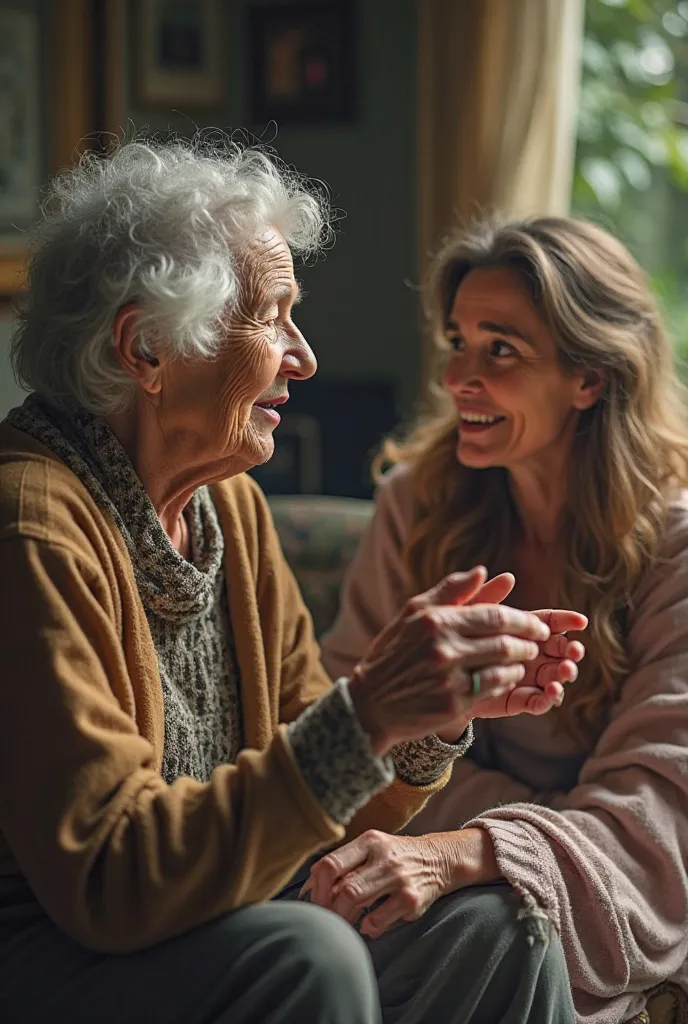 Genrate 8k ultra pictures The elderly woman speaking with wisdom, while Sarah listens attentively, looking inspired.