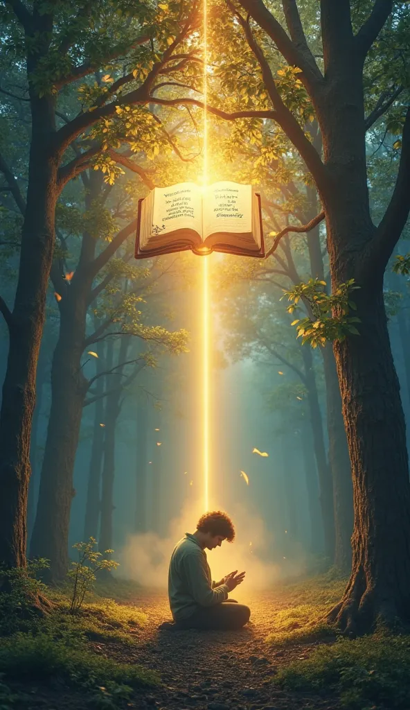 "Create a serene yet powerful image of a person kneeling in a quiet forest clearing, head bowed in prayer. Above them, a radiant beam of golden light descends from the sky, forming the shape of an open Bible whose glowing pages flutter as if whispering wis...