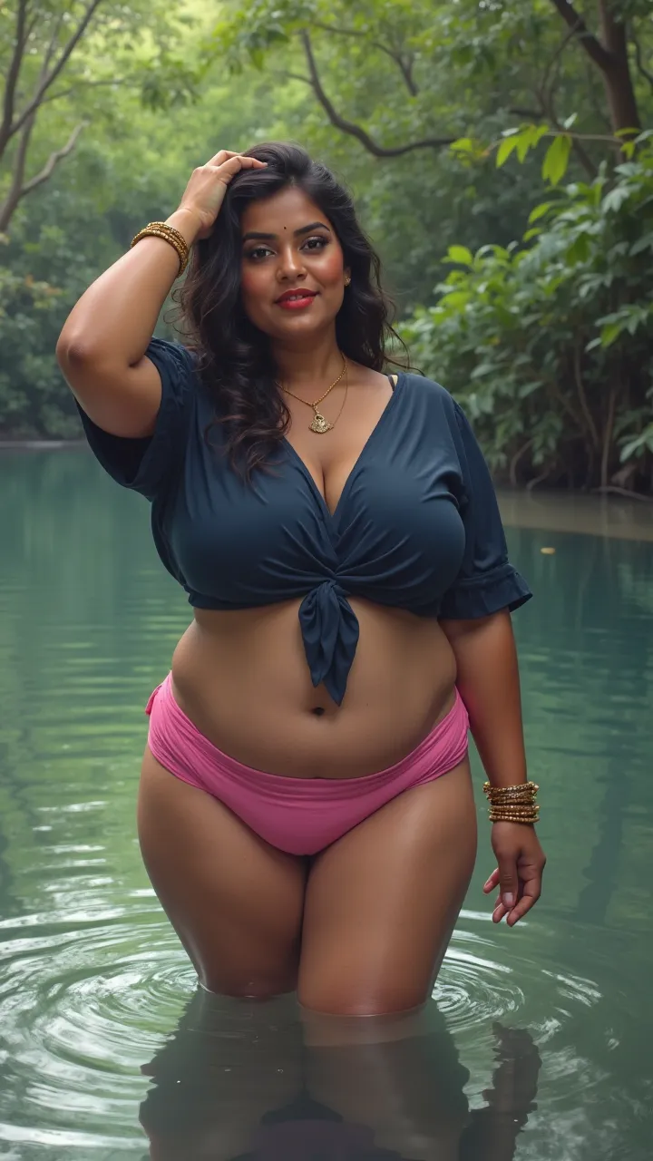  A plus size indian kerala beautiful woman bathing in river wearing a dark blue blouse and a pink panties . Thick and long leg ,, one hand put it on head  ,bangles on hand