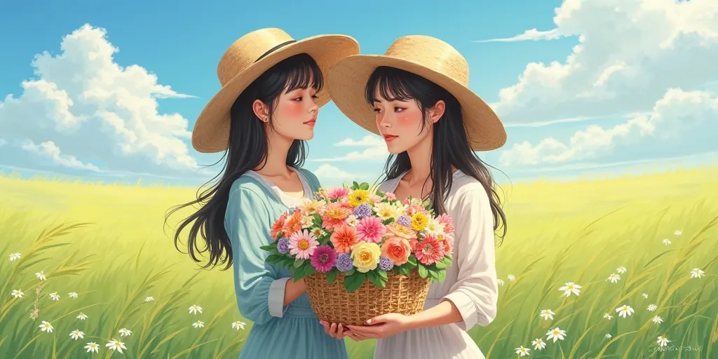 Two Women In Straw Hats Holding A Basket Of Flowers Field Background