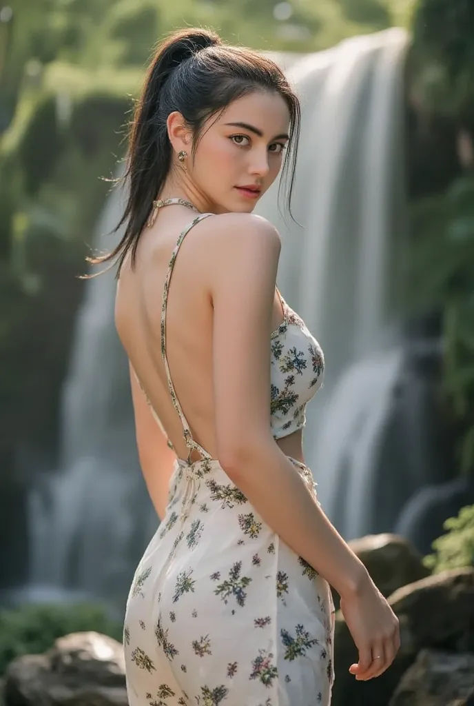 ((frontal view)), Mai, Davika Hoorne, ((ponytail hair)), A young beautiful Russian woman standing with legs wide apart, enjoy a waterfall, showing off her body, revealing the contours of her figure, pink pussy and ass, spreading pussy, ((pink nipple)), lar...