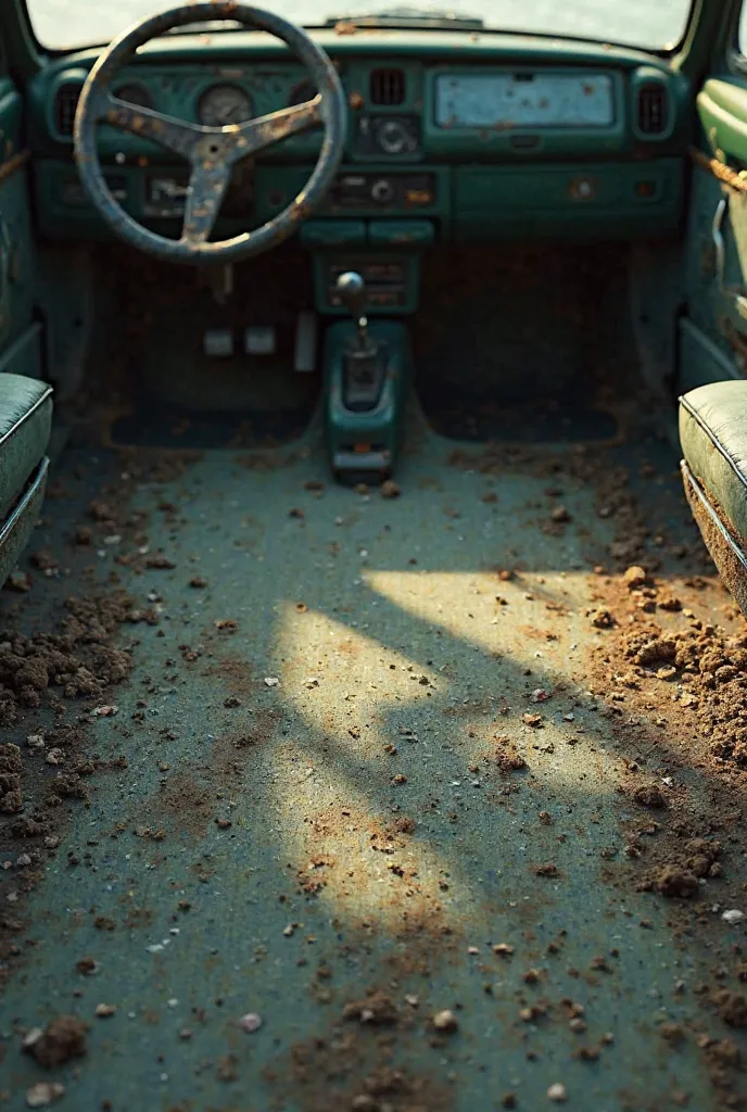 Create a picture of a dirty dirt carpet inside the car