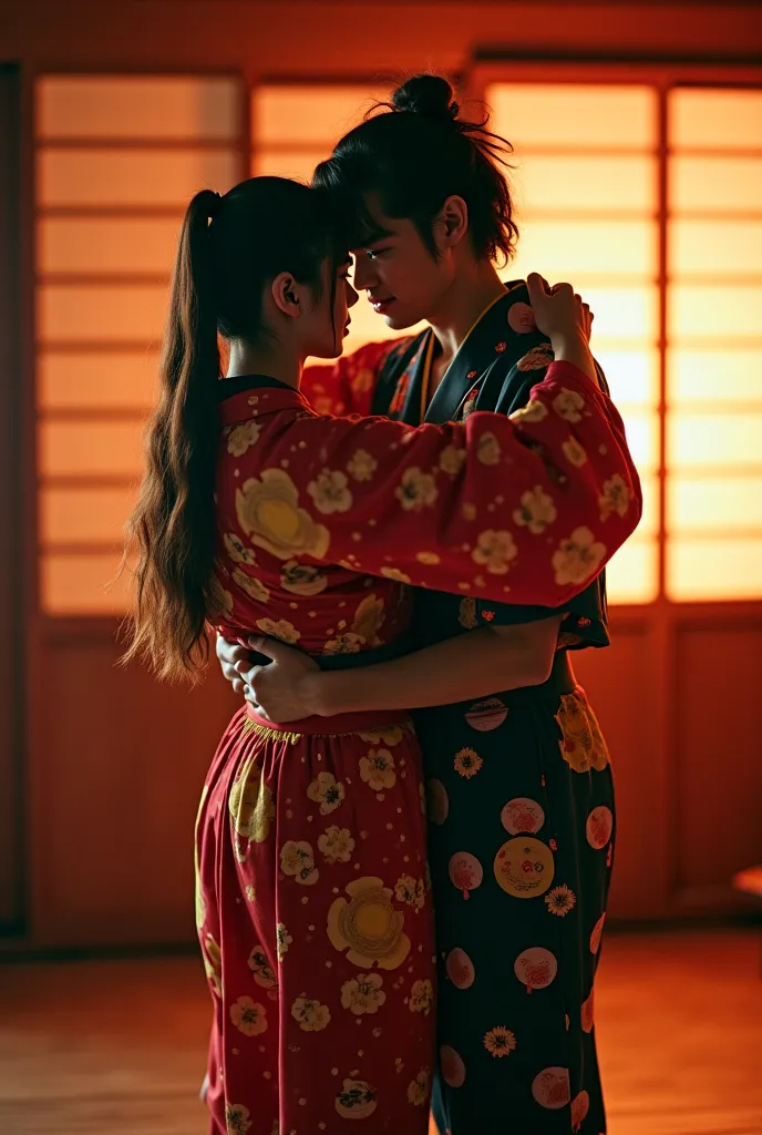 realistic photo, cinematic quality, handsome young japanese man, long hair, homosexual, in colorful short japanese robe, dancing japanese dance, ugly old japanese men hug him, against japanese room background, intimate lighting