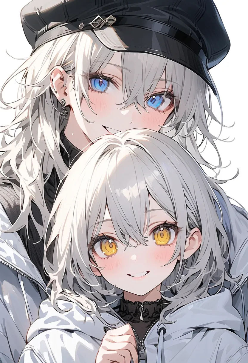 young man and woman giving high fives、 黒いhoodie、black hat、1 beautiful man in a black high neck knit,  manly, {  white skin}, ((grey slightly long messy hair )), expressive  ,(( blue eyes)). (( stylish,   simple clothes , hoodie)), simple background,  half ...