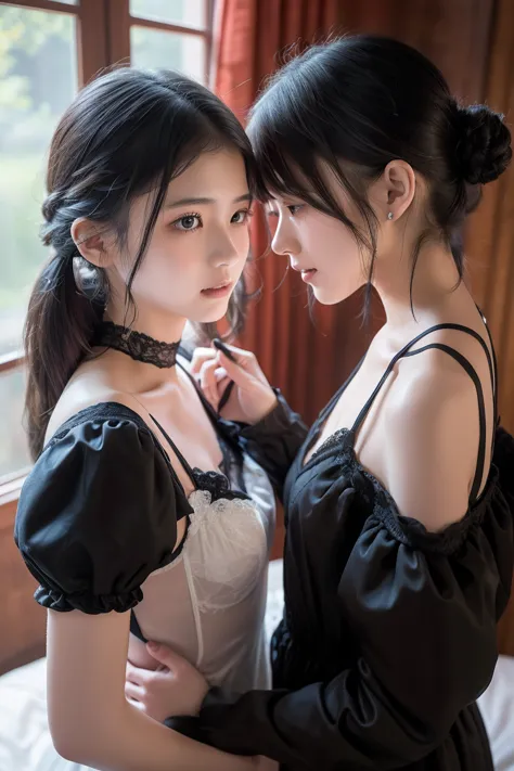 On a bed in a room in an old mansion、Junior high school sister、Lori Girl 、Lori Girl 、8K image、twin tails、emphasizes cleavage、maid clothes、150cm/30kg pale white body in the middle of growth,in front of each other、