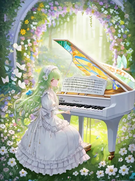     beauty  、      digital art    、8k、   Max Image Quality 、   Beautiful World   、peace、green、光art、cyalume、white lolita clothes 、flower piano