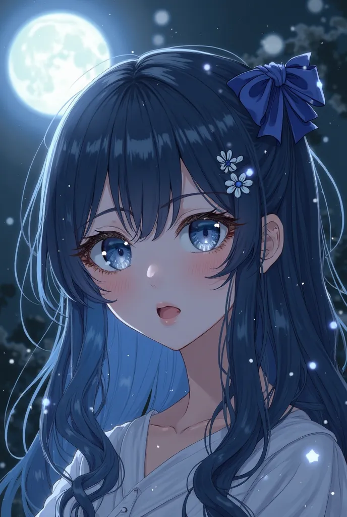 The character is a young woman with a mystical appearance, inspired by aesthetics by Toilet-bound Hanako-kun. She has dark blue hair in soft waves that shine under the moonlight,  with lighter highlights .  Her eyes are large , of a deep light gray, with a...