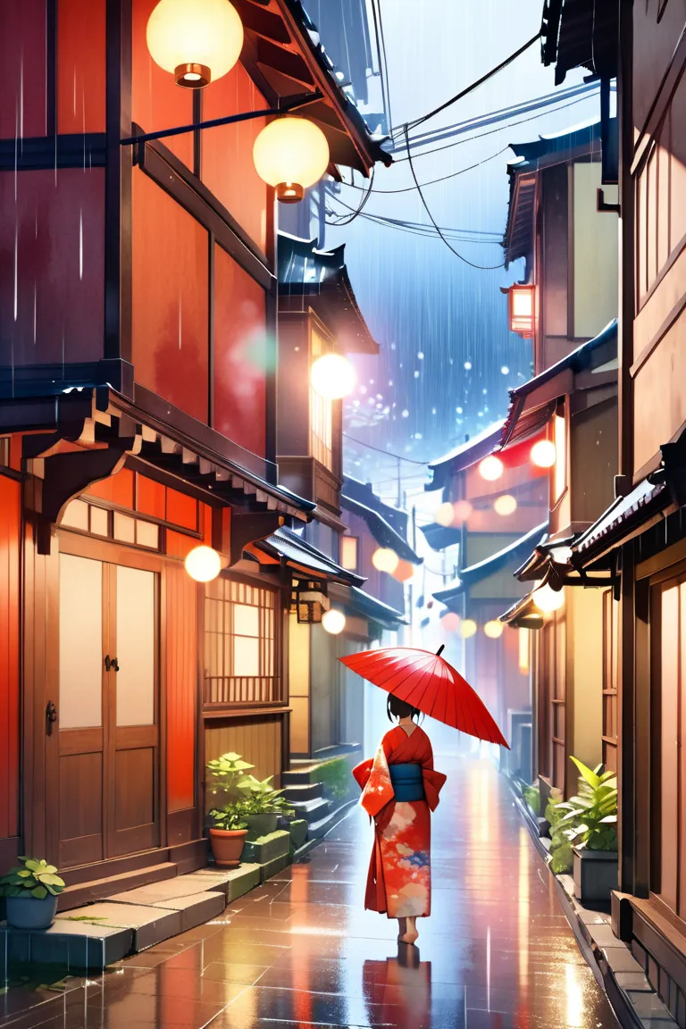 High Quality Watercolor、Edo period tenement house、Midnight Rain、Red Japanese Umbrella、 town of dreams々The kimono 、 rear view、  bokeh effects  、Amazing Vibes、Lighting Effects、Narrow Alley、( No electric wires: 1.4) 、Heavy Rain、Heavy Rain、Amazing colors of li...