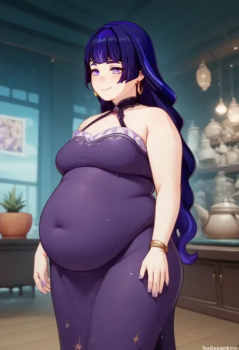 art by kipteitei, Raiden, gentle smiling face, fair skin, long purple hair, purple party dress, chubby body, pot belly, fat fupa, thin face, intimate, cartoon, hands behind body, no extra details, no extra fingers, 1girl, 25-years-old