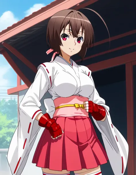 Musubi, short hair, brown hair, brown eyes, huge ahoge, pleated skirt, fingerless gloves, kimono, white thighhighs, zettai ryouiki, sash, obi, ribbon trim, hakama, hakama skirt, ribbon-trimmed legwear, score_9, score_8_up, score_7_up, score_6_up, score_5_u...