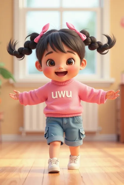 A full-body image of Uwu, a cute and adorable  girl, joyfully spinning around with excitement. Her two neatly braided pigtails, each adorned with a small pink ribbon, sway as she twirls. She wears her usual pink sweater with 'uwu' written on the front in w...