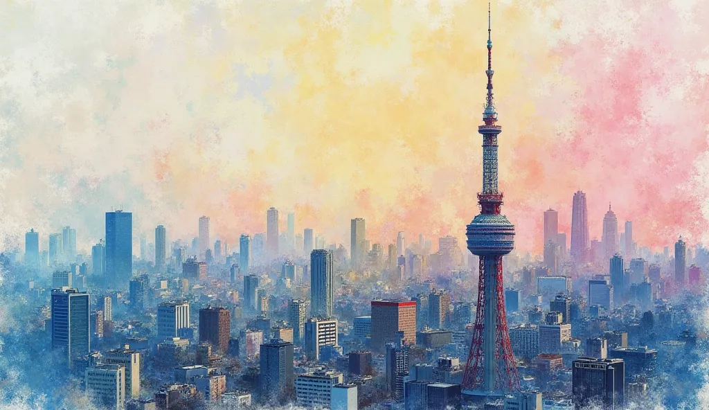 The city of Tokyo seen from the sky。Tokyo。TokyoSkyTree。Skytree。unmanned。 no one。Van Gogh。Colored pencil sketch。pastel colors。abstract, Impressionism, abstract絵画,Blurred, blurred background, Overlooking,  Soft Light , 