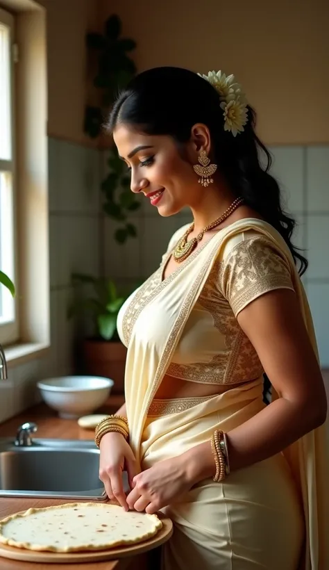 Full body image, side view Full body image, indian hourglass body, Indian medium plus sized 25 year old Telugu daughter in-law syamala making roti in kitchen, lovely face, mouth slightly open,, suductive smile, partially closed eyes, large swooping breasts...