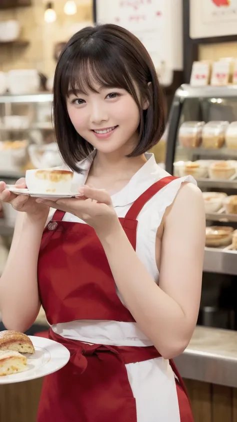 Only one woman, standing, (staff uniform) (red apron), /(black hair/) bangs, gentle smile with blush on cheeks, (top quality masterpiece :1.2) super detailed delicate illustration, ((big break)), (cafe shop) indoor, ((( girl, ,Short Bob, slim ))), ((Hold a...