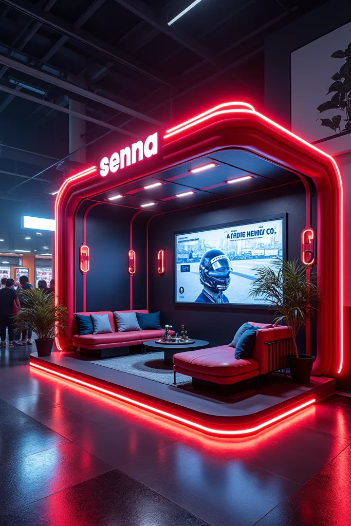 devices The space is a compact and immersive stand with the theme “Pit Stop Experience”, that combines the aesthetics of the races and the energy of the festivals. It has:
	• Futuristic Lounge: Rest area with neon lighting and carbon decoration.
	• Mini-Ga...