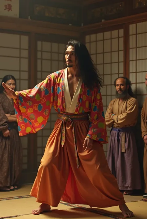 realistic photo, cinematic quality, handsome young japanese man, long hair, homosexual, in colorful short japanese robe, dancing japanese dance, ugly old japanese men looking at him, against the background of japanese room, intimate lighting