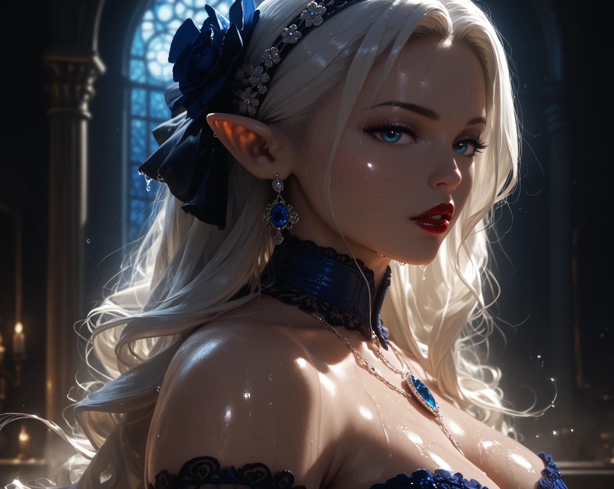 Attractive woman, huge breasts, Long white hair, blue eyes, Super Detailed, High Resolution, dark blue corset, Jewelry, castle bathhouse,  red lipstick, pointed ears, wet,