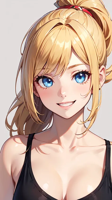 blonde perm ponytail、blue eyes、smile、cute pose。SamBulu on an oversized yellow tank top、Close-up of face。laughs。

anatomically correct, high detail, high image quality model, very detailed, Ultra High Definition, high image quality model, 8ＫOctane Hi-Res , 