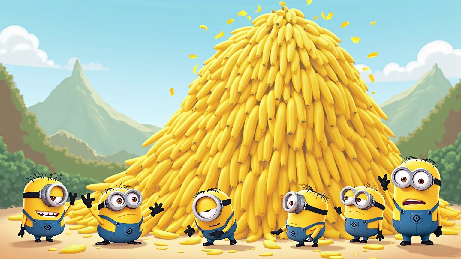 Create a Minions and behind it a mountain of bananas from the movie Despicable Me