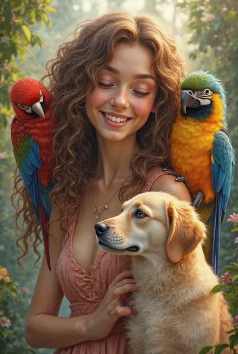 Curly girl with two small parrots and a dog 